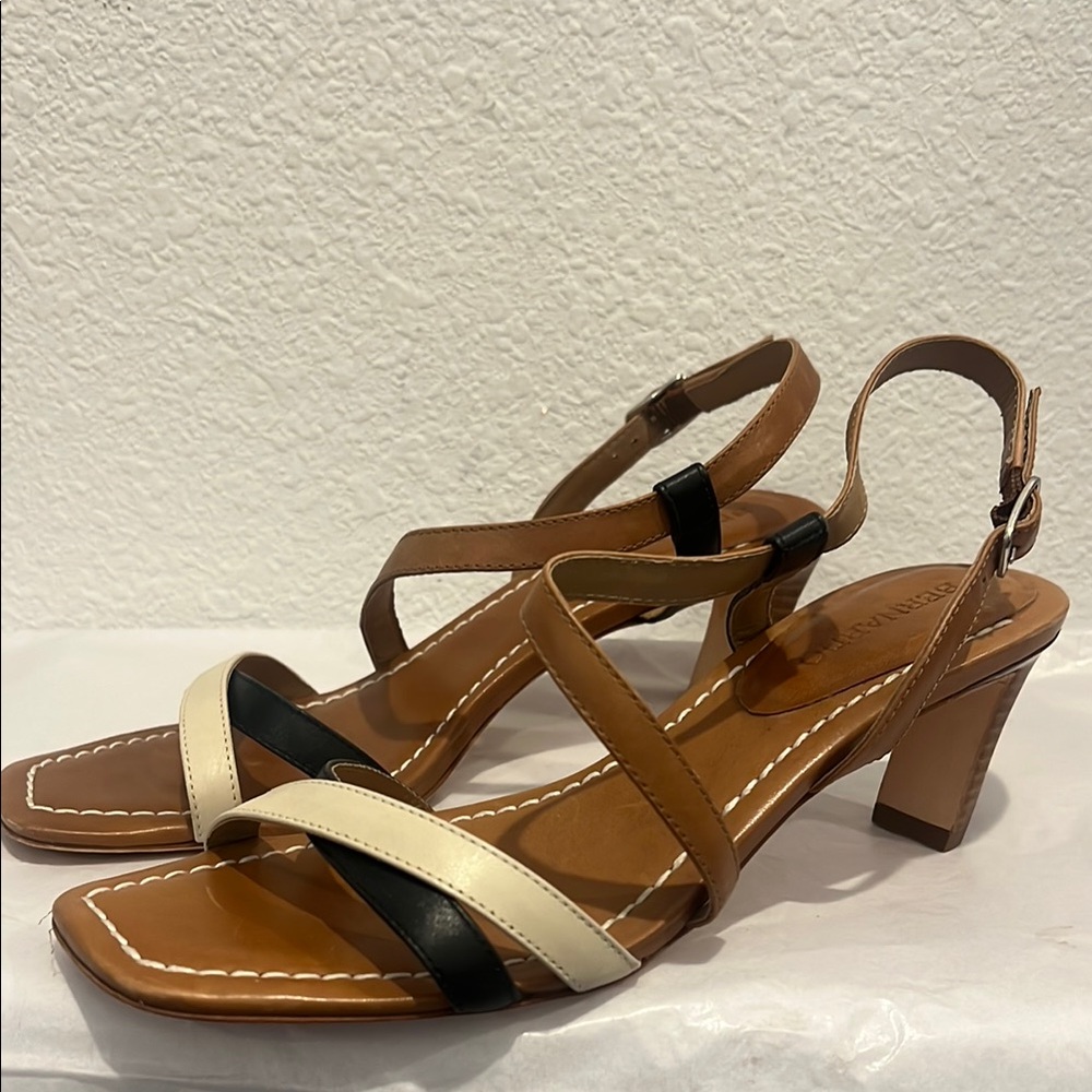 Anthropologie Bernardo Charlotte Brown Tan Black Strappy Heels - Picture 5 of 10